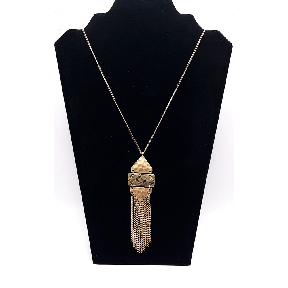 Gold Tone Boho Fringe Pendant Necklace Hammered Geometric 35in